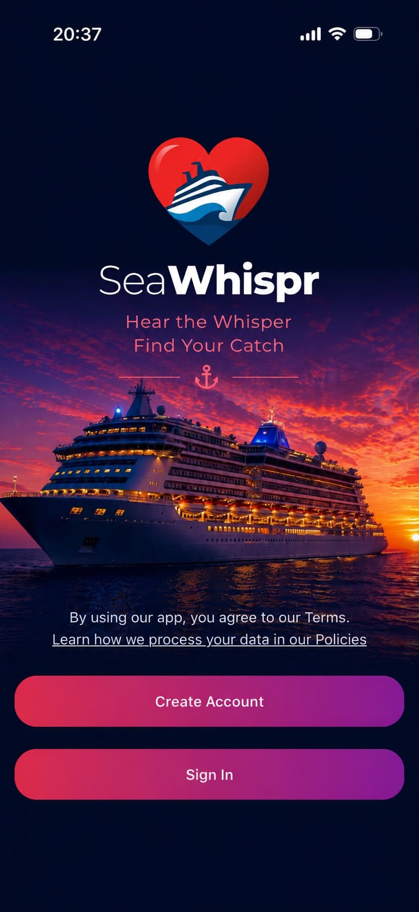 SeaWhispr welcome screen with create account and sign in options
