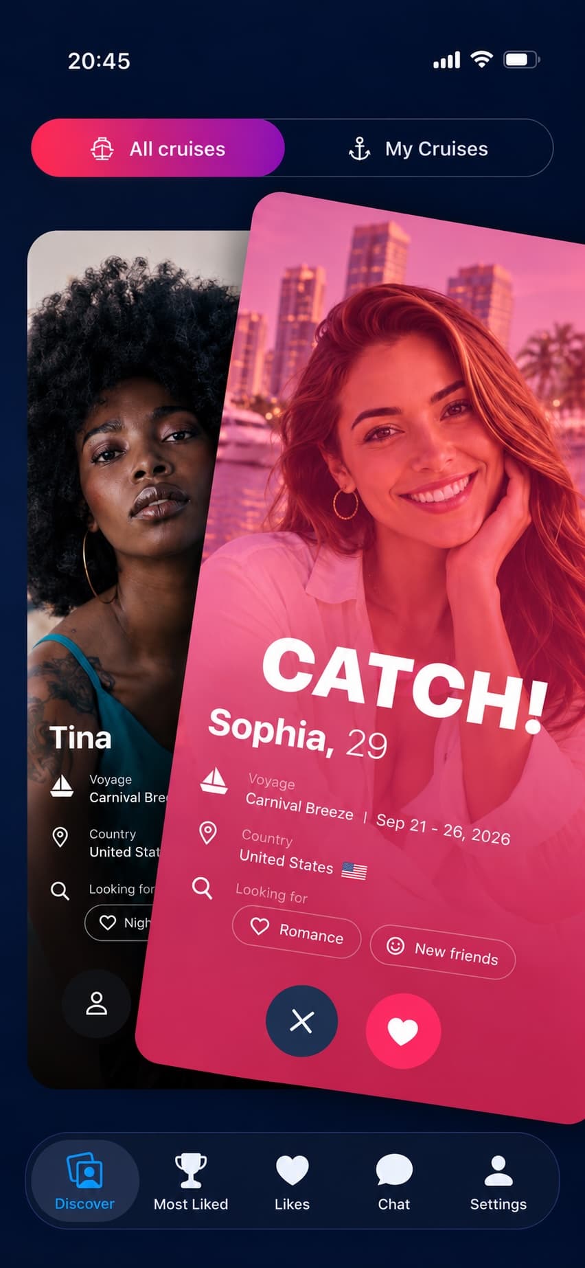 SeaWhispr profile swipe showing a catch with Sophia