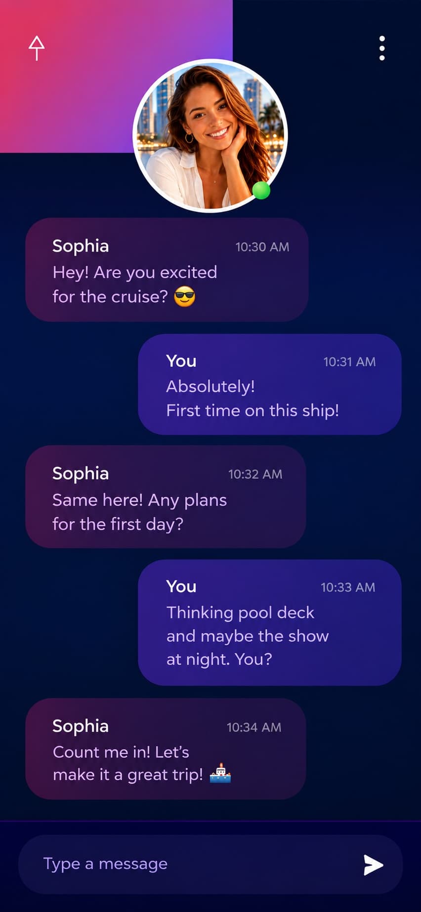 SeaWhispr conversation with Sophia about plans for the cruise